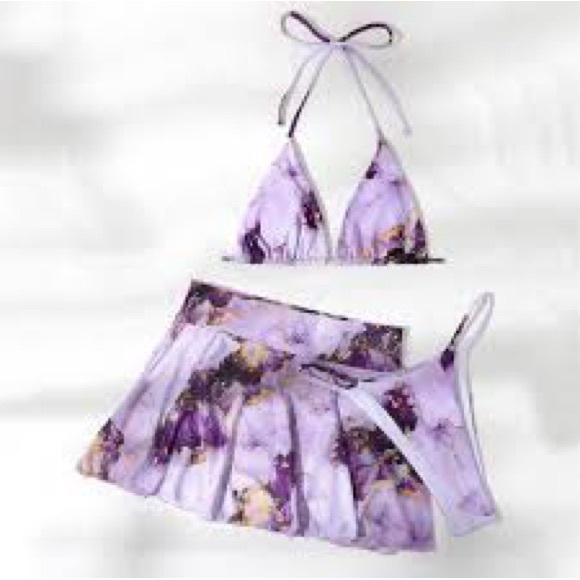 SHEIN 3pack Marble Print Halter Bikini Swimsuit With Cover Up small - Picture 2 of 6